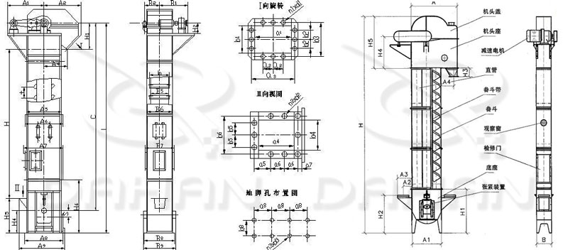 TD/D型斗式提升機基本結構:機頭蓋，機頭座，減速電機，直管，底座，緊張裝置等。