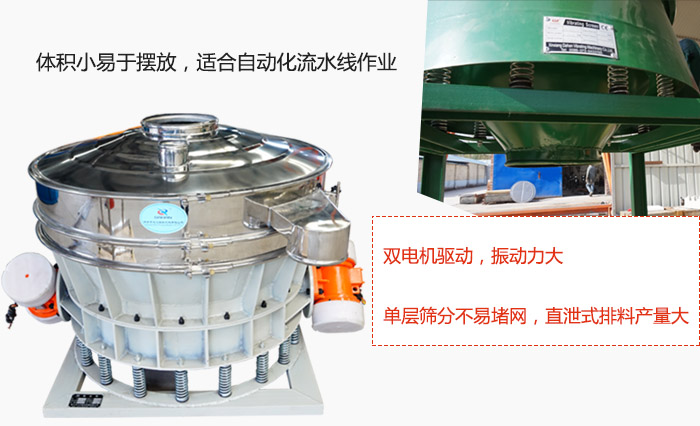 雙電機驅動，振動力大，單層篩分不易堵網，直泄式排料產量大